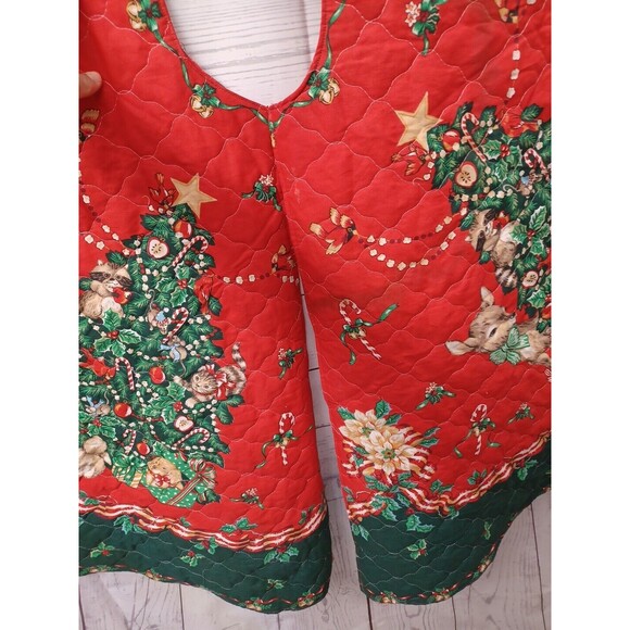 Christmas Tree Skirt Red Green Bambi Rabbit Cats Dogs Quilted Candy Cane 57" - Picture 2 of 12